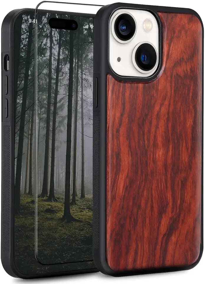 Wood Case for iPhone 15 - Real Natural Wood,- Slim Shockproof Hybrid Wooden Cover (Rosewood, iPhone 15)