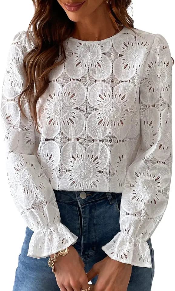 CUPSHE Women's Lace Eyelet Puff Sleeve Blouse