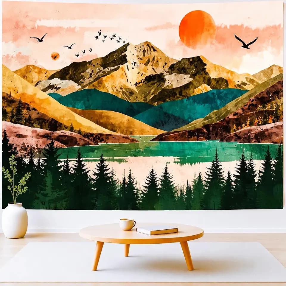 Delur Mountain Tapestry Boho Sunset Nature Forest Tree Tapestry Wall Hanging Sunrise River Lake Landscape Psychedelic Headboard for Bedroom Living Room Home Decor (59.1" x 78.7")