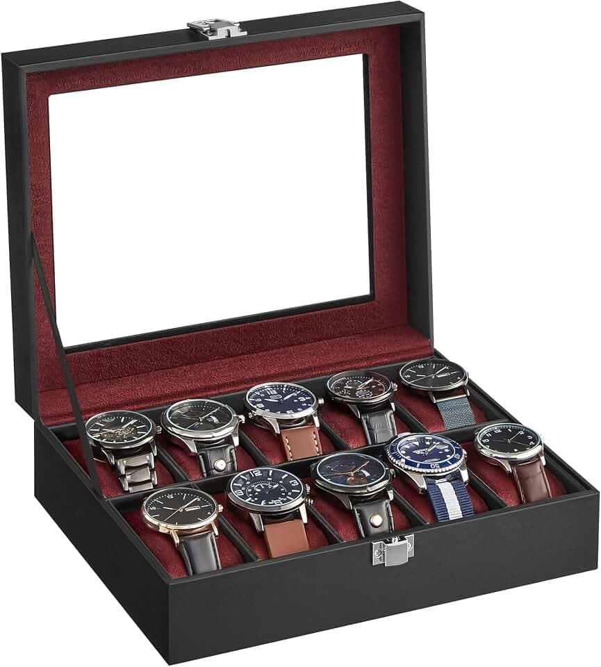 SONGMICS Uhrenbox, 10 Fächer, mit Glasdeckel, aus PU-Leder