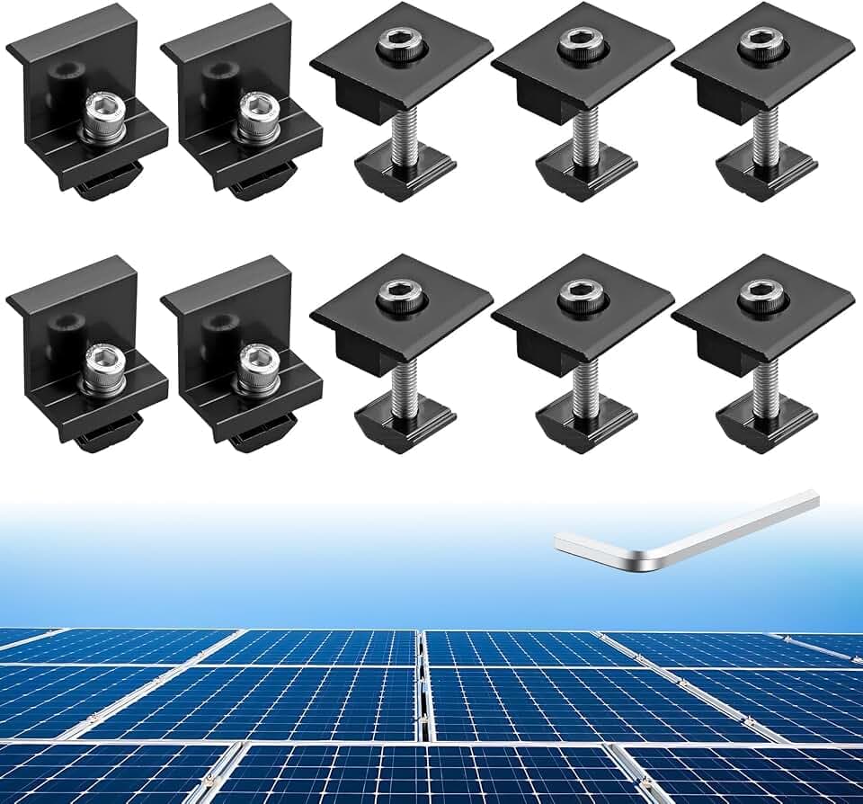 Anbte 10 PCS Solar Panels Brackets 35mm, Aluminium 6 x T-Shaped Mid Clamps + 4 x End Clamps, Solar Panel Mounting Brackets for Metal, Tin, Flat, Sheet Roofs, RV, Black