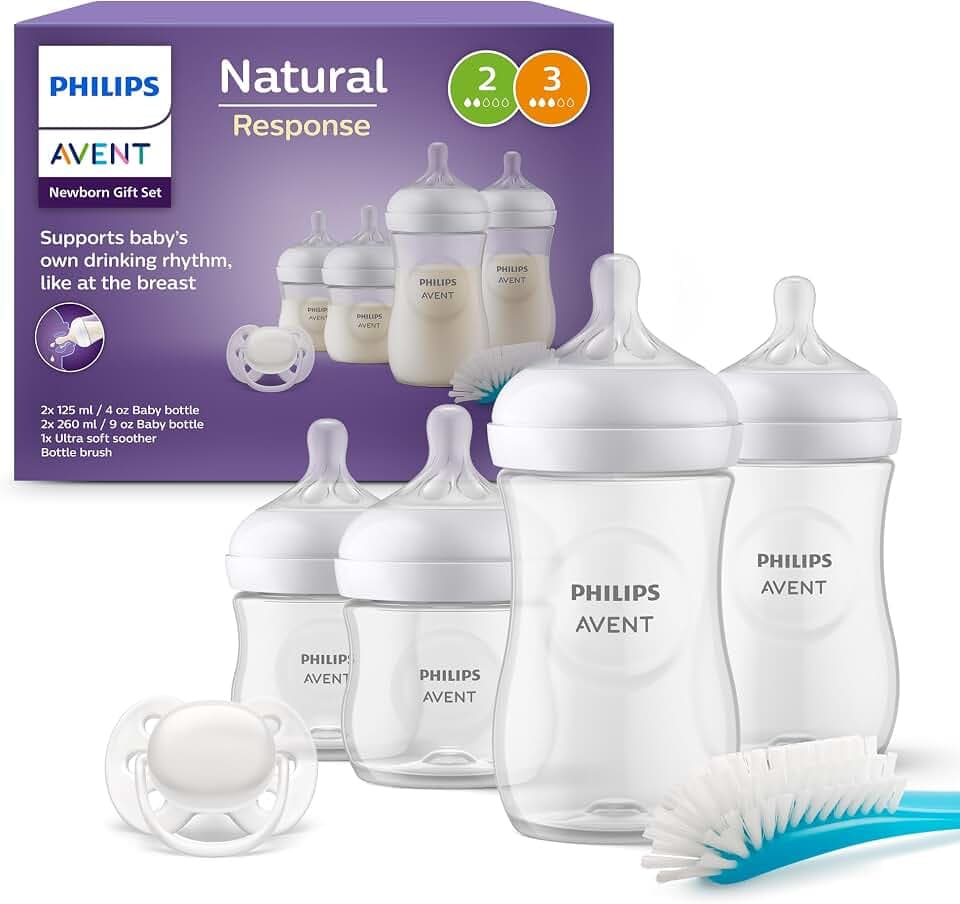 Philips AVENT Babyflaschen Natural Response, Geschenkset für Neugeborene – 4 Babyflaschen, ultra soft Schnuller und Flaschenbürste, Babys von 0–12 Monaten und älter (Modell SCD838/11)