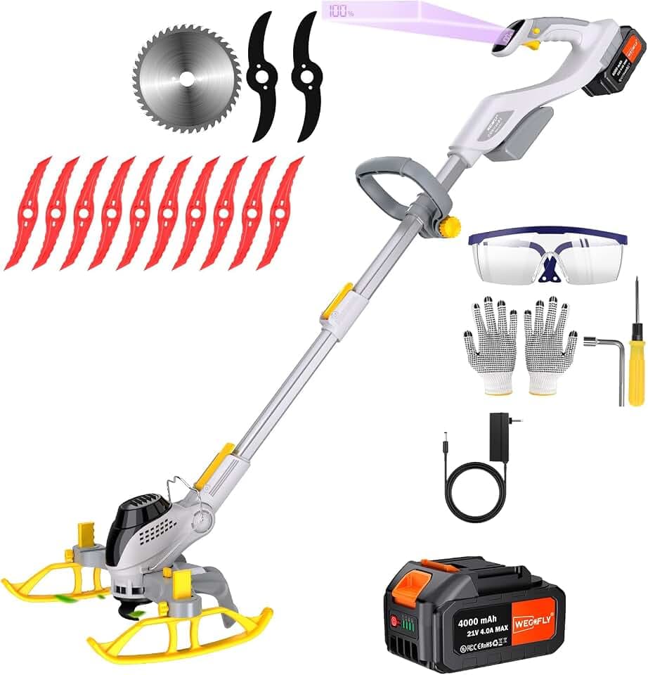 28CM Akku-Rasentrimmer, (1 x 21V 4.0A Akku und schnelles Ladegerät, Hilfsgleitrad, Trimmrad, Teleslopstiel, 1X Sägeblätter, 2X Metallmesser, 10x Kunststoffmesser) freischneider ​akku