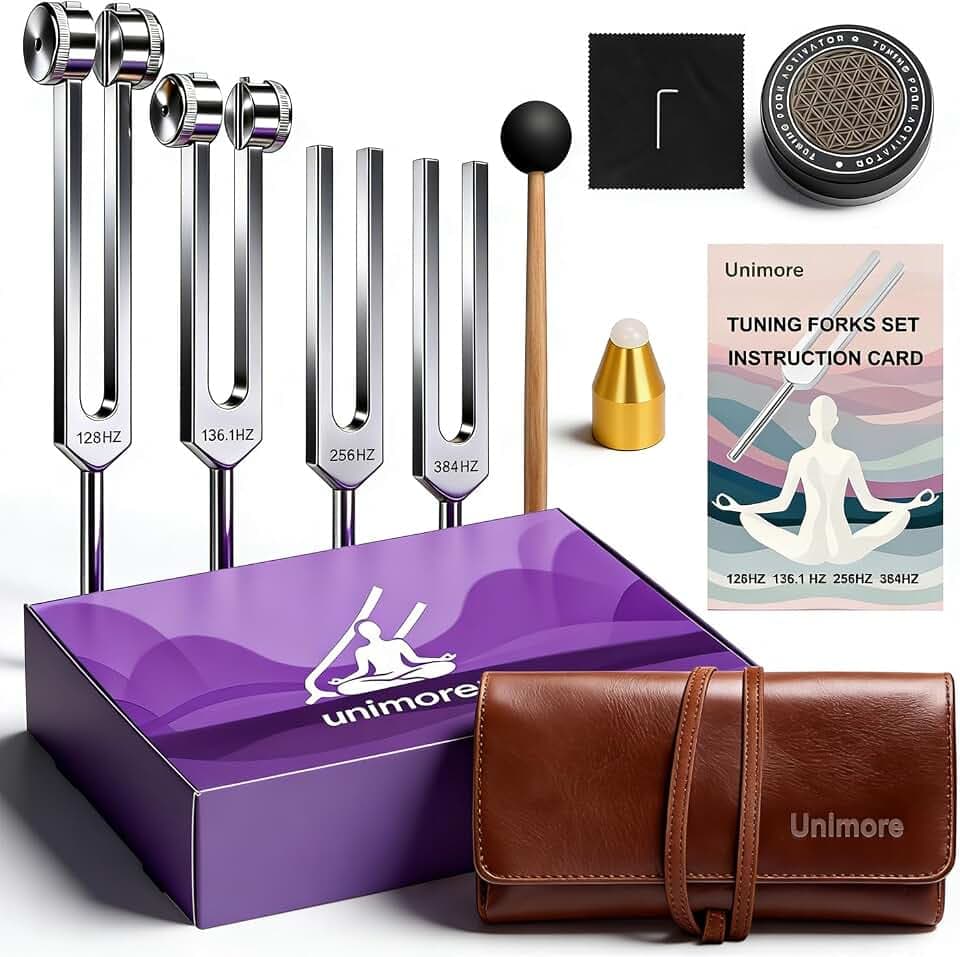 Tuning Forks for Healing Set, Includes 128Hz, 136Hz, 256Hz, 384Hz & Activator, Gem feet, Yoga and Meditation Medical Grade Accessories, Sound Therapy Music Tuning Instruments with Gift Box