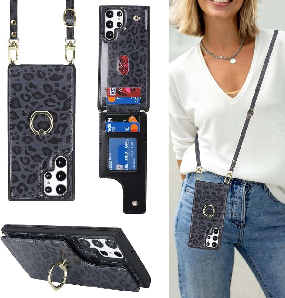 Lipvina for Samsung Galaxy S22 Ultra Case with Strap,Black Leopard