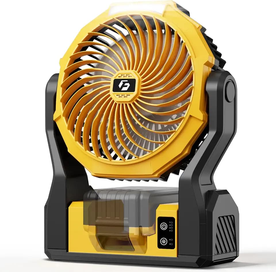 Upgraded Battery-Operated Fan for Dewalt 20V Max Battery, 5.7m/s High Speed Rechargeable Portable Fan with USB Powered & 4 Speed & 2 Light for Workshop, Garage, Jobsite (Not Included Battery) - Yellow