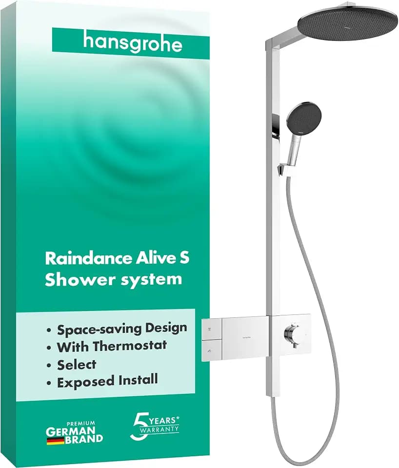 hansgrohe Raindance Alive S - Duschsystem mit Thermostat, Regendusche (300 mm) mit Armatur, Handbrause (3 Strahlarten inkl. PowderRain), Schlauch, Brausestange und runder Kopfbrause, Chrom, 24582000