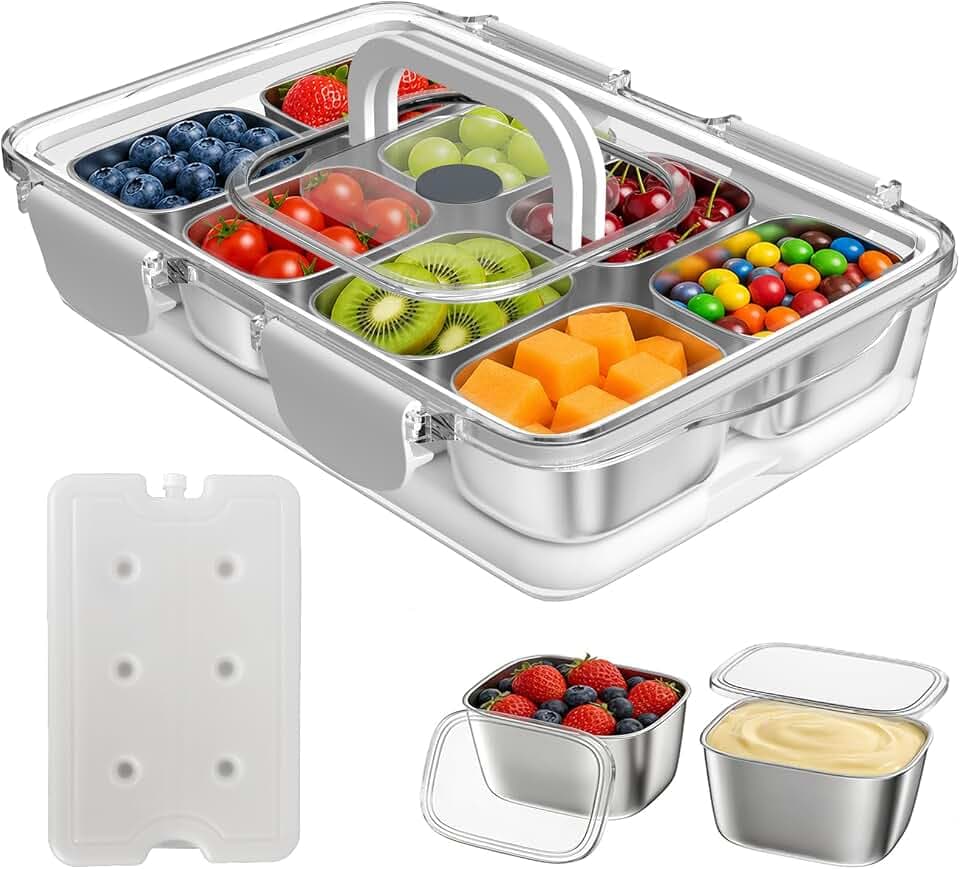 Snackbox Edelstahl mit 8 Fächern und Eiswürfelschale, Auslaufsicher