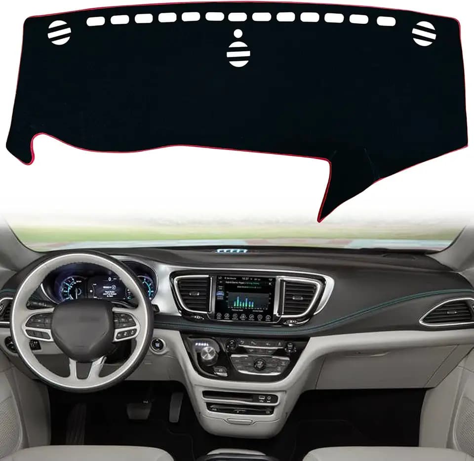 Dash Mat Cover Custom Interior Center Console Compatible with Chrysler Pacifica Minivan 2017 2018 2019 2020 2021 2022 Dashboard mat Covers Accessories (Red Trim)