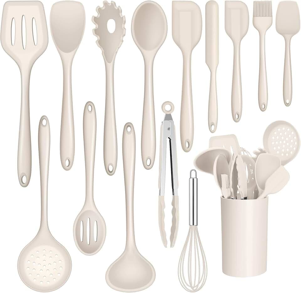 Joyfair Küchenhelfer Set, 15-teiliges Silikon Kochutensilien Kochbesteck Set, Hitzebeständiger Kochgeschirr mit Utensilienhalter, Antihaft Kochset Küchenutensilien, Spülmaschinenfest - Khaki