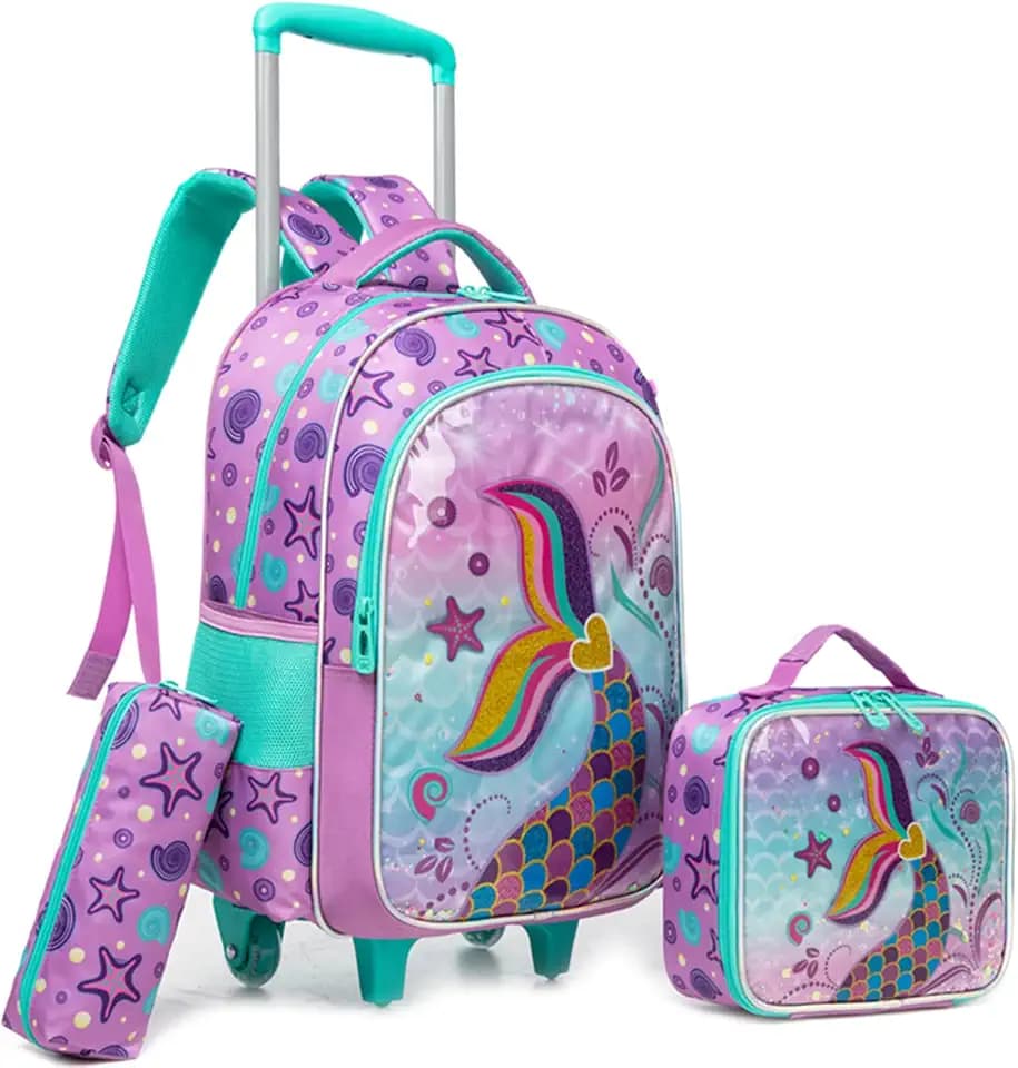 Rucksack mit Rollen Kinderkoffer Mädchen Kinder für Koffer Schultrolley Kindertrolley Trolley Groß Schultasche Handgepäck Kindergepäck 3pcs Sätze Geeignet für Grundschüler Meerjungfrau Rosa