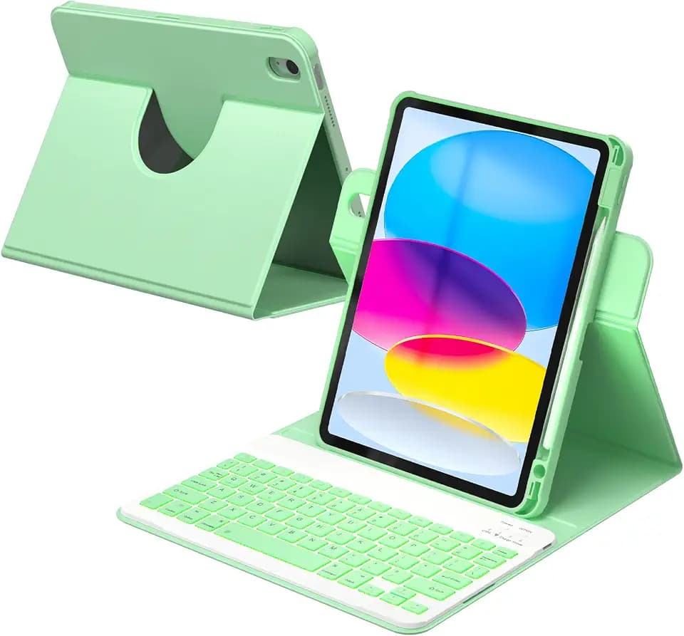 YBING Keyboard Case for iPad 10th Gen 10.9 inch(2022) & 11th Gen(A16, 2025), 7-Color Backlit Detachable Keypad & Rotatable Magnetic Case with Pencil Holder (Green)