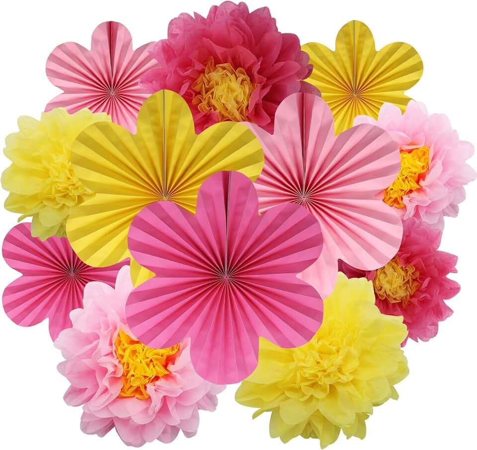 BestoFun 12er Set Papier Blumenfächer & Papierblumen Pompons Rosa Gelb Hellrosa Hängende Girlande Dekoration für Hochzeit Geburtstagsfeier Gartenparty Tischdeko