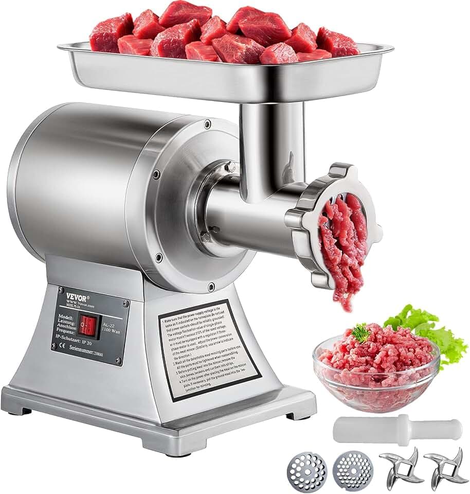 VEVOR Elektrischer Fleischwolf 850 W, Hackfleisch Maschine 150 kg pro Stunde, Elektrische Wurstmaschine 448 x 210 x 387 mm, Edelstahl Wurstmaschine 193 U/min, für Restaurant, Supermarkt, Metzgerei