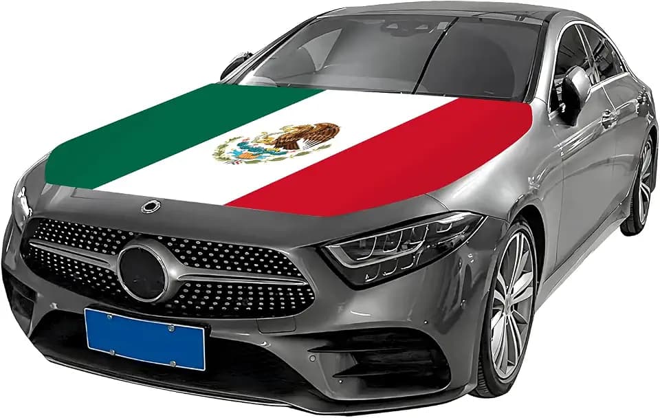 Mexican Flag Car Hood Cover - 63"x47" (5x4 FT) Bandera Mexicana Cover, Durable Elastic Fabric for Car Decor Fit Most Vehicles, Sedan, SUV's Hood