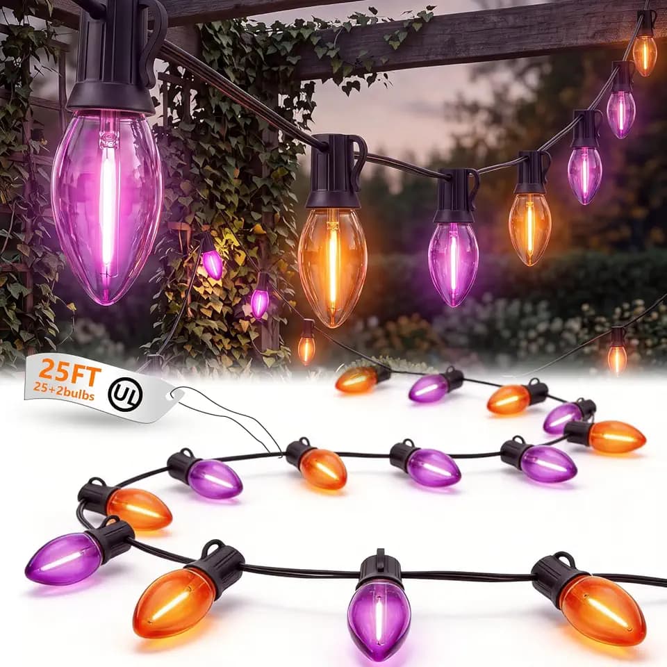 25FT Halloween String Lights Outdoor - C9 Purple and Orange String Lights