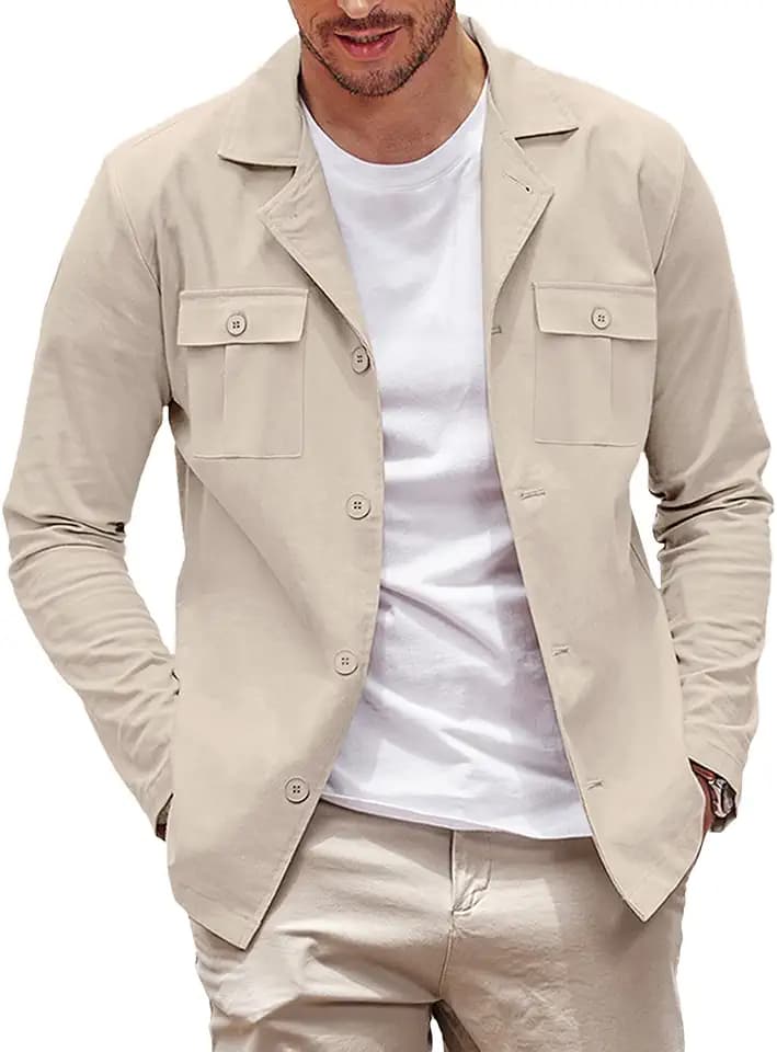 COOFANDY Lässige Herren-Hemdjacke, langärmelig, Button-Down-Overshirt, leichte Jacke mit Taschen, Hellkhaki, L