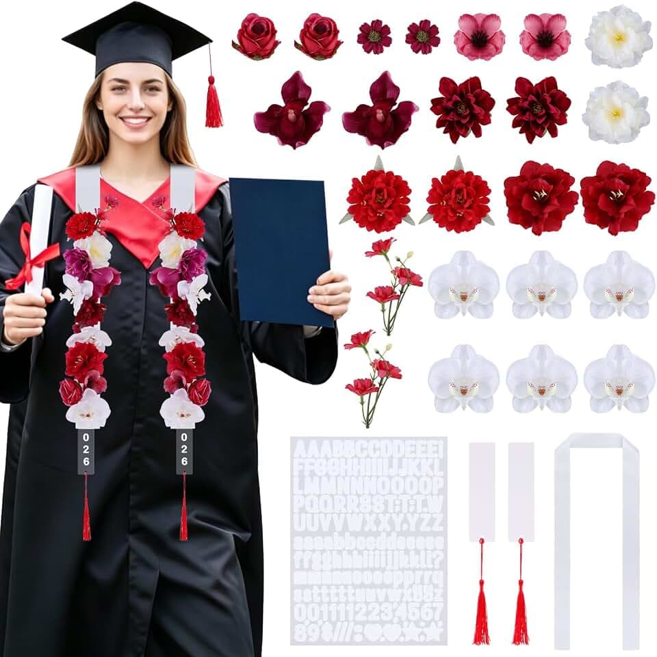 BINBE 42 Pcs DIY Graduation Leis Set Class of 2026 Hawaiian Leis with Tassel for Senior Congrats Grad Necklace for Craft High School College Gift Ceremony Party Red