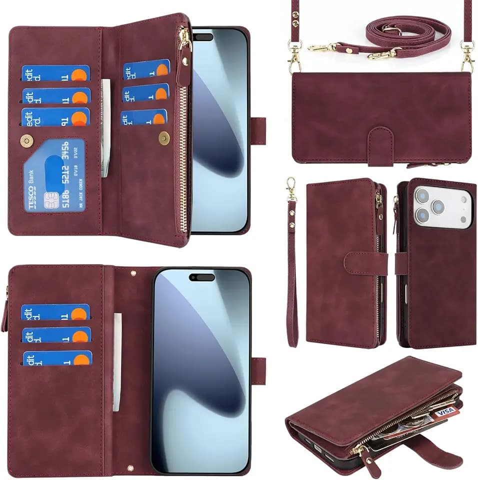 Purse Wallet for iPhone 18 Pro/iPhone 17 Pro Case with Strap,Burgundy