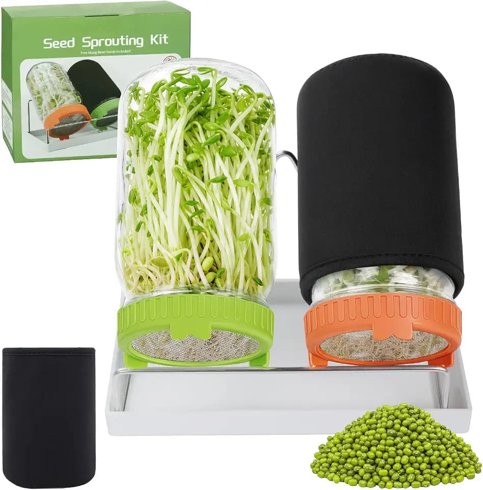 Seed Sprouting Kit with Mung Beans 80g, 2 Large Wide Mouth Mason Jars with Sprout Lids, Blackout Sleeves, Drain Tray, Stainless Steel Stand, Sprouts Growing Kit for Growing Bean Alfalfa Sprout Seeds