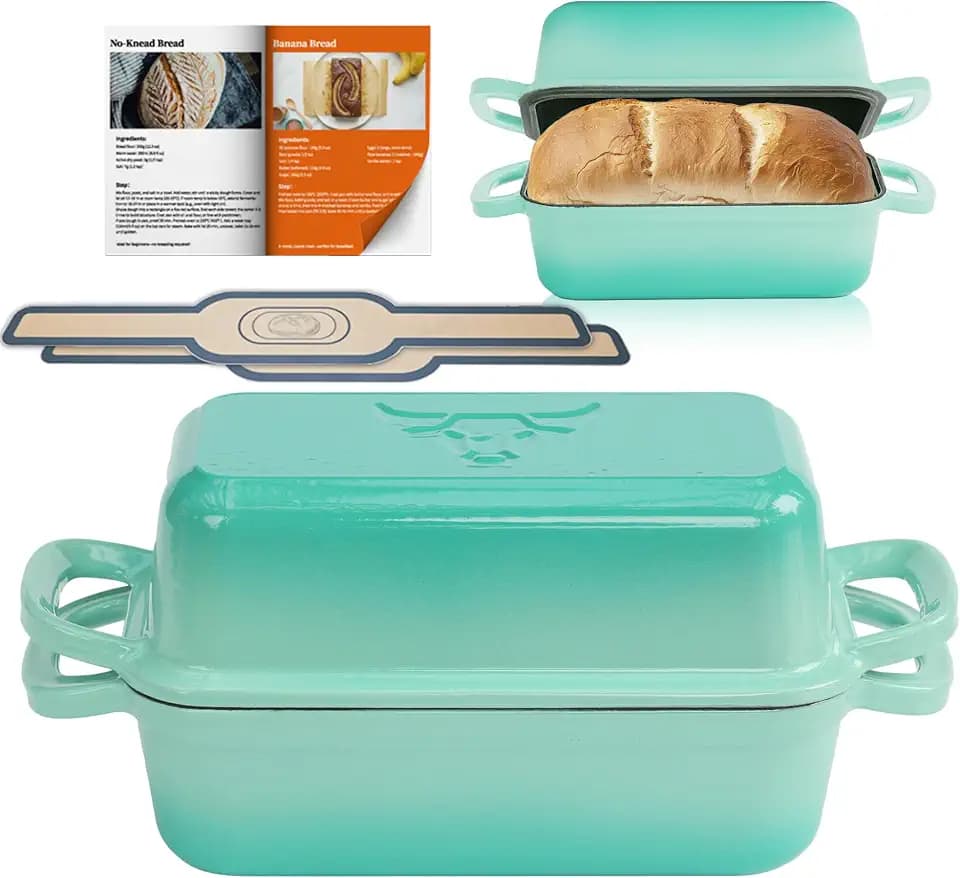 Brotbackform aus Gusseisen mit Deckel, Gusseisen Topf Brot Backen mit 2 Brotmatten Silikon, Emaille Brotbackform für Sauerteig, Robuste Brotbackformen zum Brotbacken im Ofen,Formen für Brotlaibe(BLUE)