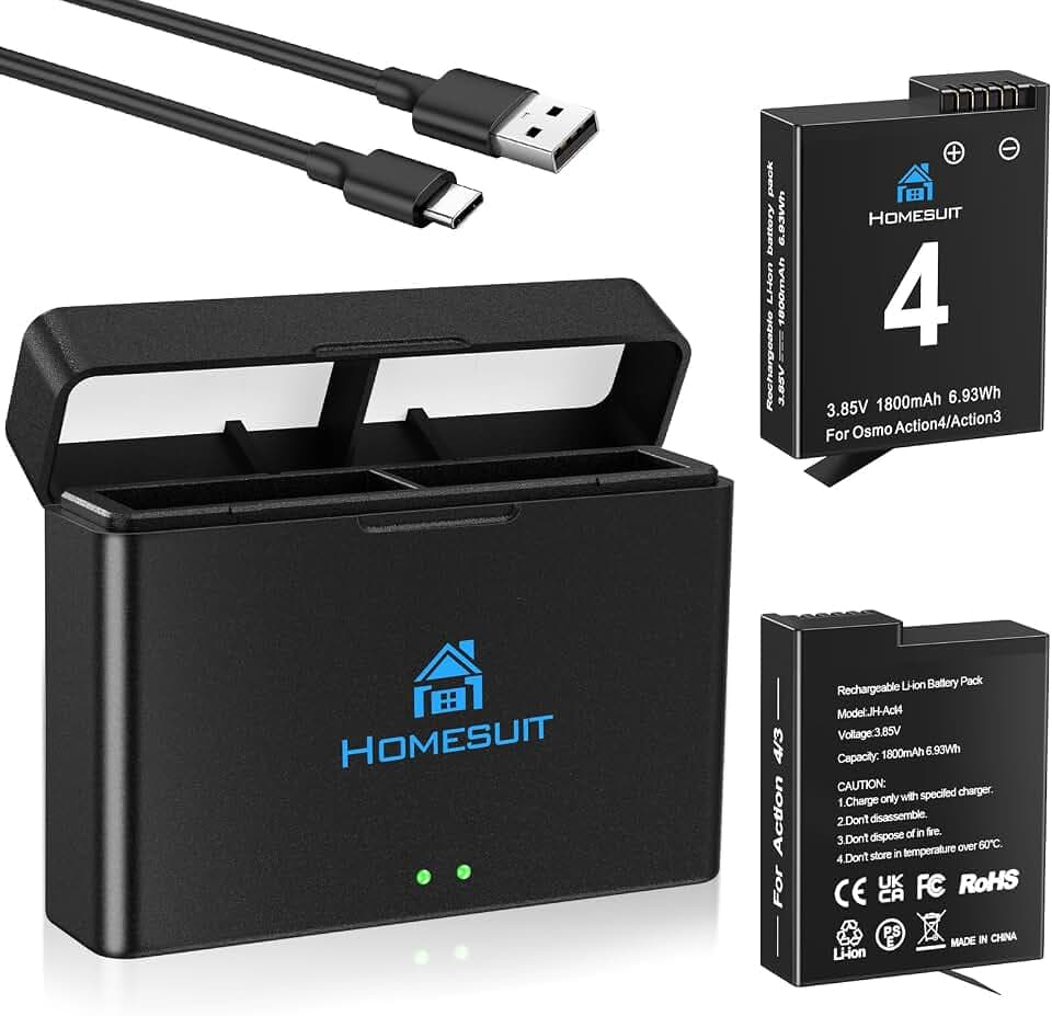 Homesuit Osmo Action 6 5 4 3 Akku 1800mAh und Dual USB LED Ladegerät Kit für DJI OsmoAction6 OsmoAction5 OsmoAction4 OsmoAction3 Kamera DJI Action Extreme Akku (2er-Pack)