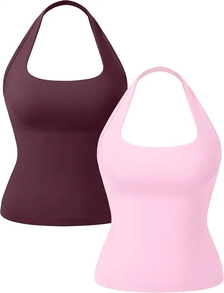 OLCHEE Womens Halter Workout Tank Tops Square Neck Backless Built-in Bra