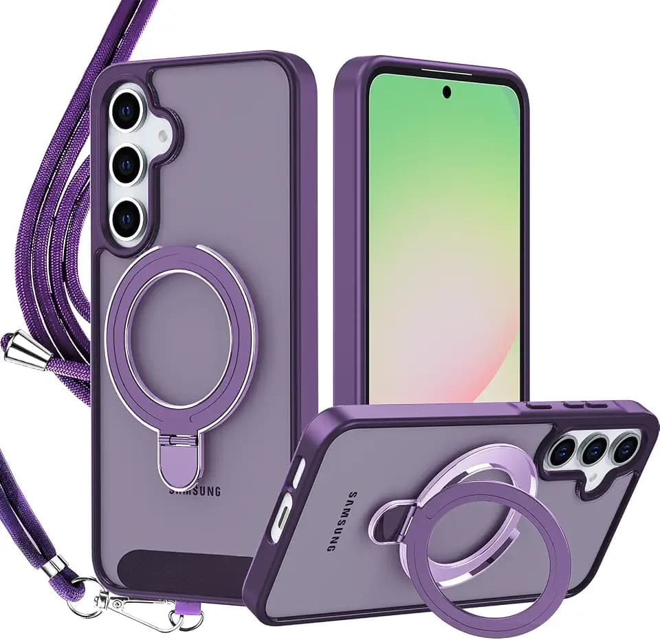 Meeter Hülle für Samsung Galaxy A56 mit Magsafe, [Magnetischer Ständer Unsichtbarer Standring] Handyhülle mit Kette Case Matt mit Kordel Schutzhülle mit Schnur, lila