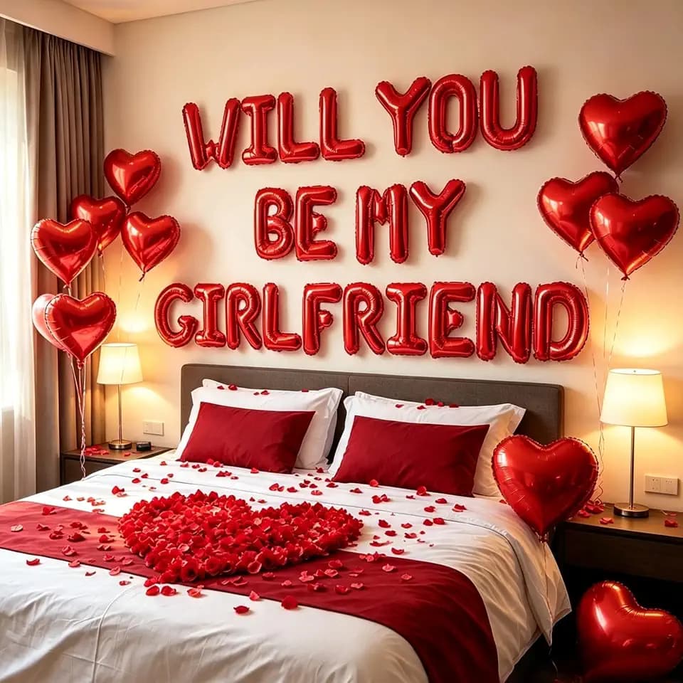 2 Set Red Will You Be My Girlfriend Balloons - 42pcs 16" Letter Balloons 1200pcs Red Artificial Rose Petals 10pcs 18" Heart Balloon Alphabet Foil Mylar Balloon for Valentines Day Decorations