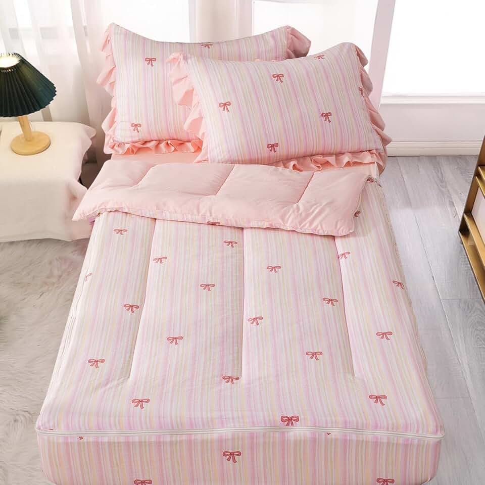 A Nice Night Zipper Bedding Pink Bow Printed on Colorful Rainbow Background Zippered Kids Comforter Set,Seersucker Chic Style Ultra Soft,Twin