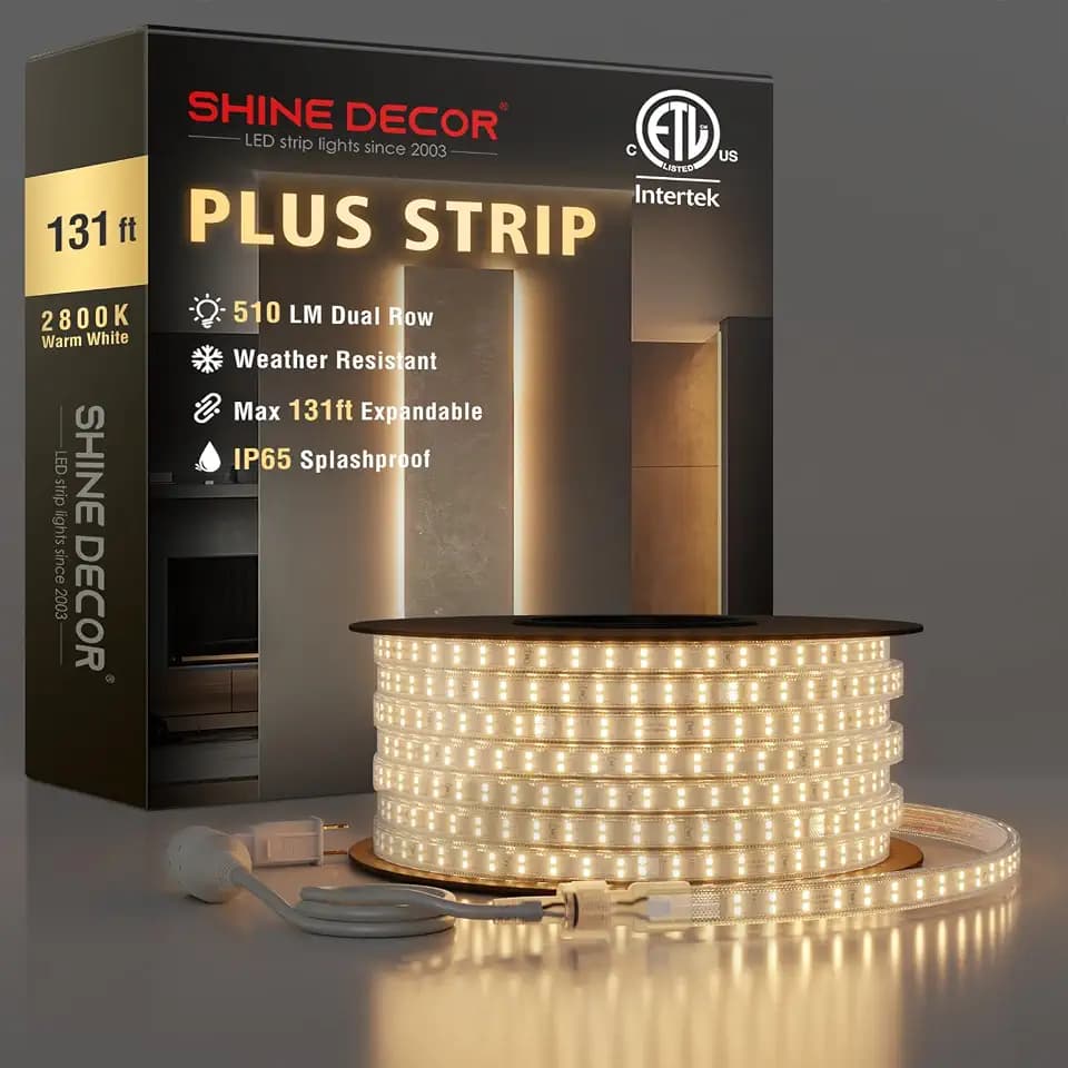 Shine Decor Plus LED Strip Lights AC 120V, Connectable Double Row Bright Rope Light, ETL IP65 Waterproof & Weather-Resistant for Accent Lighting, 7x17mm, 2800K Warm White, 131FT