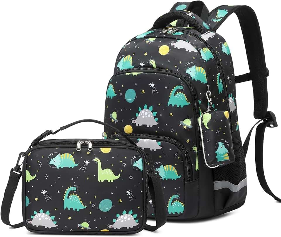MIRLEWAIY School Backpack For Boys Kids Bookbag Elementary Bag Set with Insulated Lunch Bag and Coin Pouch, Black Dinosaur