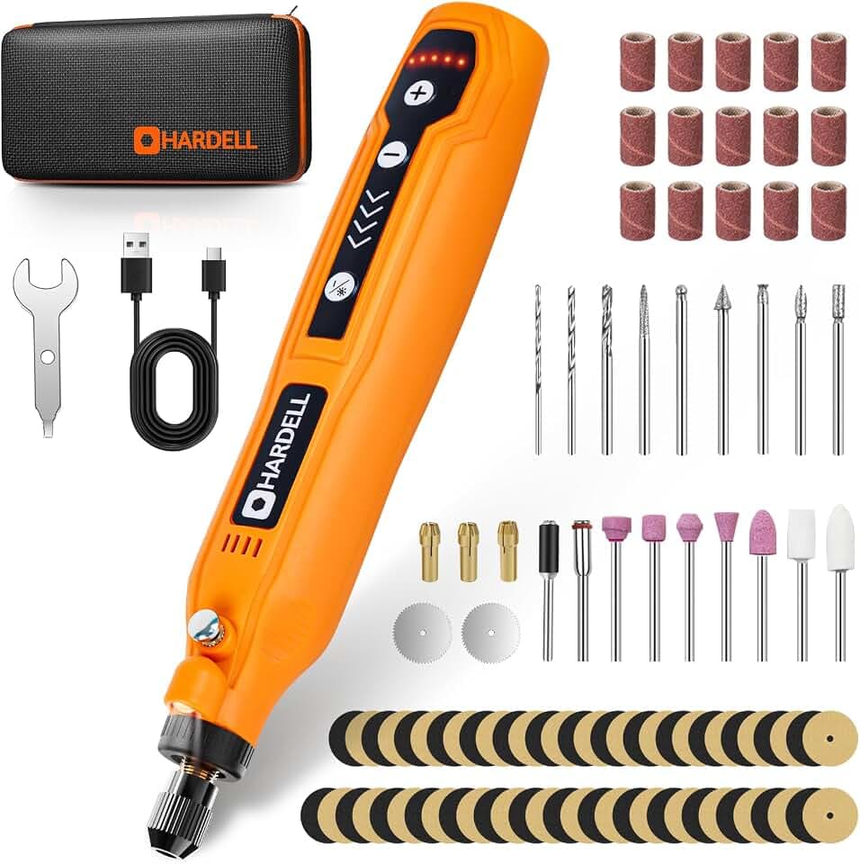 HARDELL Mini Akku Rotationswerkzeug mit LED, 5 Geschwindigkeiten (5000-18000 U/min), 3,7V Multifunktionswerkzeug Set mit 69 Zubehör, Gravurset für Resin, Holz, Glas, Basteln (Orange-69pcs)