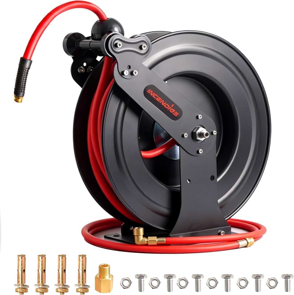 Retractable Air Hose Reel, Auto Rewind 3/8" x 65 FT Hybrid Polymer Hose