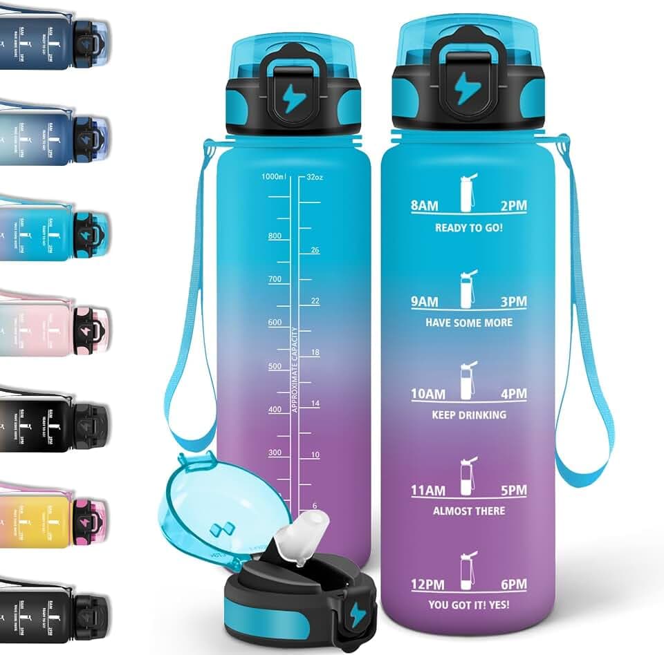 Motswedi Trinkflasche 1l, Trinkflasche Kohlensäure Geeignet, mit Strohhalm, Wasserflasche, Auslaufsicheres Schlossdesign, Flasche Mit Zeitstempel, Wasserflasche für Büro, Camping, Fahrrad - Blau&Lila