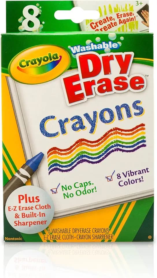 Crayola Washable Dry Erase Crayons for Kids 8ct with Eraser & Sharpener