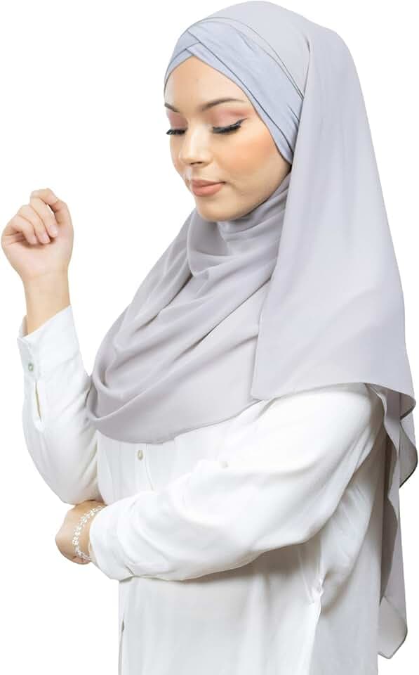 Lamis Hijab - Fertiger Hijab Schal Kopftuch zum Überziehen, gekreuzt, mit integriertem Bonnet-Untertuch, für muslimische Damen, islamischer Schal Gr. Einheitsgröße, grau