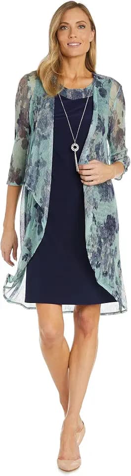 R&M Richards Women's Printed Crinkle Jacket Dress Set W/Sheath Dress & Detachable Necklace - Formal Day-to-Evening Wear