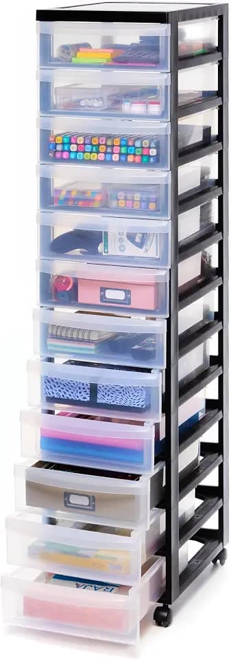 Iris Ohyama Kunststoff-Schubladenbox mit Rollen, 12 flachen Schubladen, Schwarz, Griffe zum Ziehen, Für Schlafzimmer, Bad, Schule & Büro, BPA-frei, Schubladenschrank, Rollcontainer, A4 Drawer, DC-012