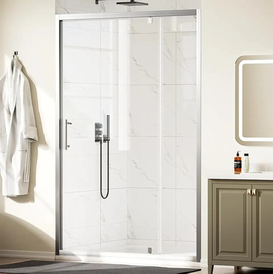WinZo 47-48" W ×72" H Pivot Shower Door, 1/4"(6mm) SGCC Clear Tempered Glass Shower Door with Explosion Film, Nano Easy-Clean Coating, Reversible Installation, Brushed Nickel