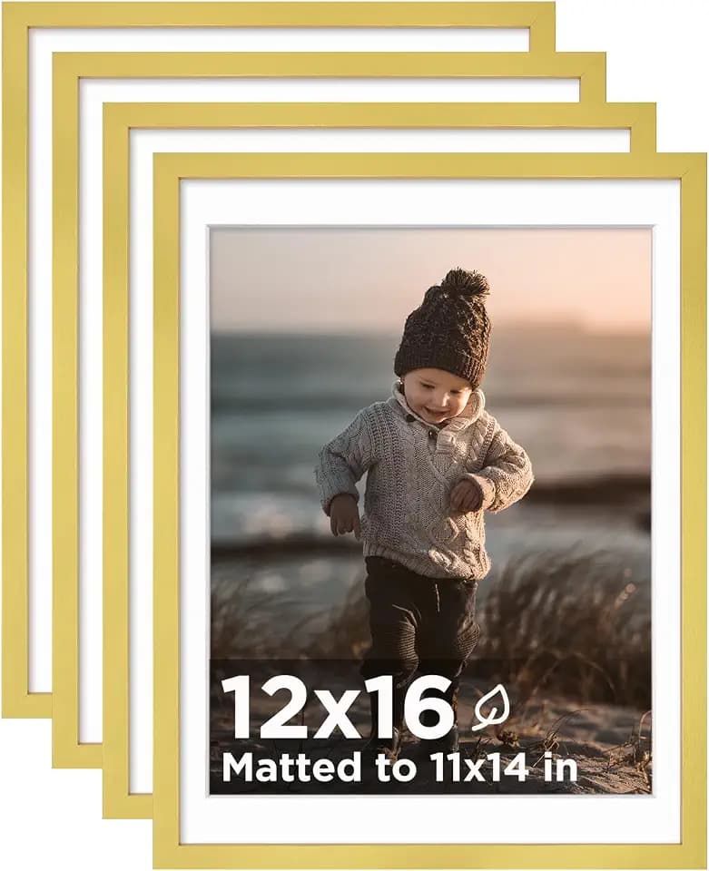 KINLINK 12x16 Picture Frame Gold, Wooden 16x12 Photo Frames with Plexiglass for 11x14 Picture with Mat or 12x16 Without Mat, Perfect for Art Wall and Tabletop Display 12 x 16 frame Set of 4
