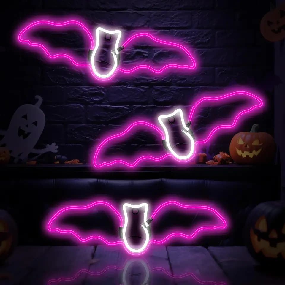 3 Piece LED Neon Bat Lights Halloween Decor, 20" Hanging Bat Neon Sign