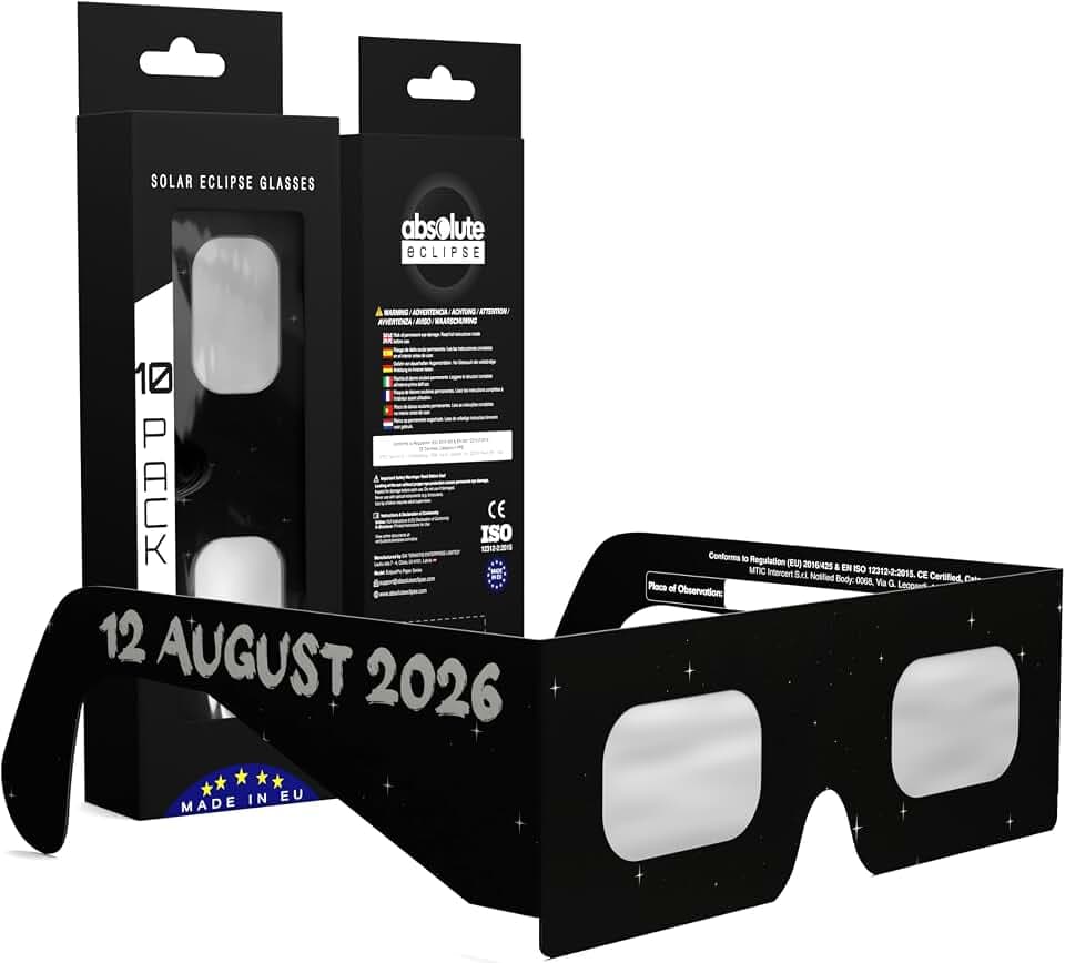 Absolute Eclipse Sonnenfinsternis Brille 2026 zum Sehen der Sonnenfinsternis - ISO 12312-2 CE Zertifiziert - 12. August 2026 - Erwachsene Kinder - EU Hersteller Anerkannt AAS - 55+ Designs