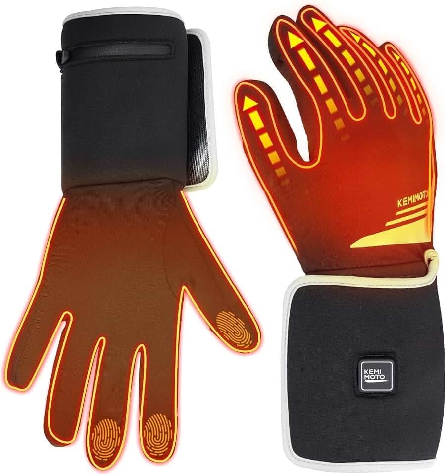 KEMIMOTO Heated Motorcycle Gloves, Flexible Bow Liners for Men Women, Thin Touchscreen Gloves with Rechargeable 3 Heat Settings Max 140F for Riding Cycling Hiking, 2 Battery Packs, Black (L)