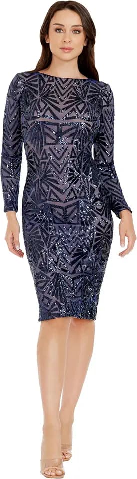 Dress The Population Womens Emery Long Sleeve Stretch Sequin Midi Sheath Ddr147