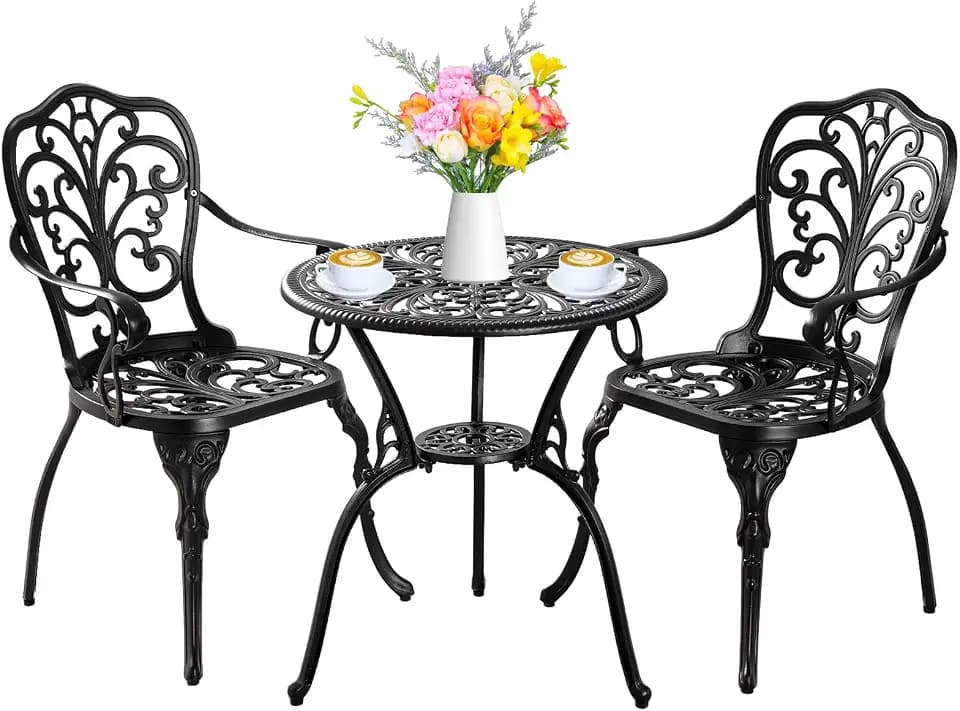 Bistro Set 3 Piece Outdoor, Bistro Table and Chairs Set of 2, All Weather Patio Bistro Set with Umbrella Hole, Patio Set for Garden, Black