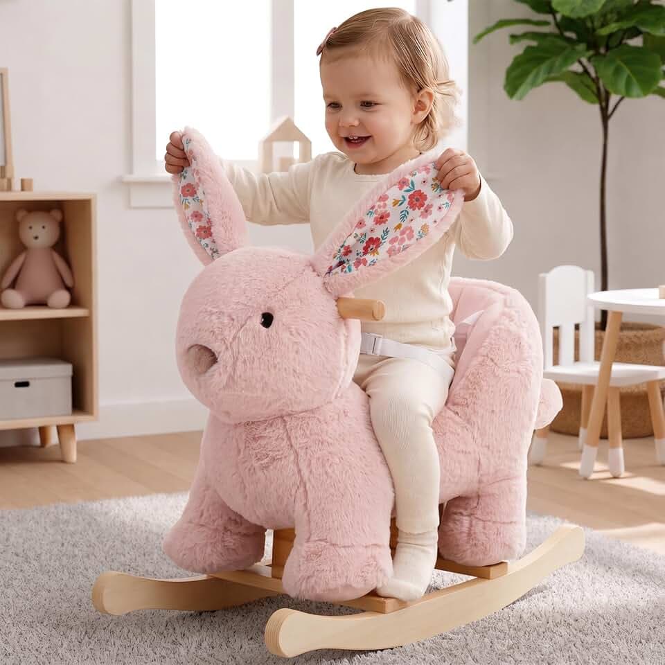 labebe Pink Rabbit Rocking Horse for Toddlers, Plush Baby Rocker with Safety Seat Belt & High Backrest, Wooden Ride On Toy for 1 Year Old Girls, Nursery Birthday Gift