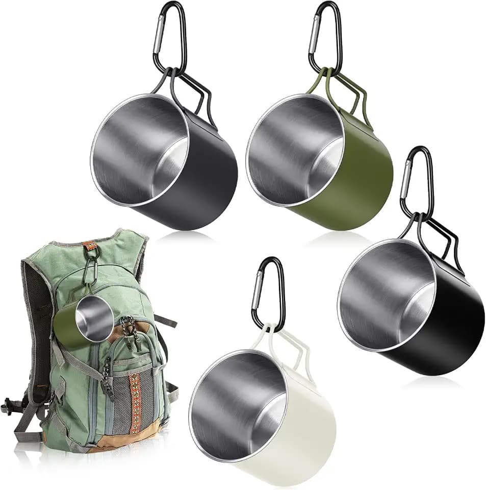 Zhehao 12 oz Camping Mugs Set of 4 Metal Camping Coffee Cups Stainless Steel Cups with Folding Handles D Ring Portable Backpacking Mugs Travel for Outdoor Hiking Climbing Picnic Party