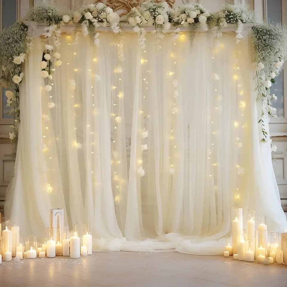 10x8ft Ivory Tulle Backdrop Curtain with Lights String for Parites, Sheer Photo Backdrop Curtains with Lights for Wedding Backdrop Ceremony Reception Bridal Shower Baby Shower Birthday Party