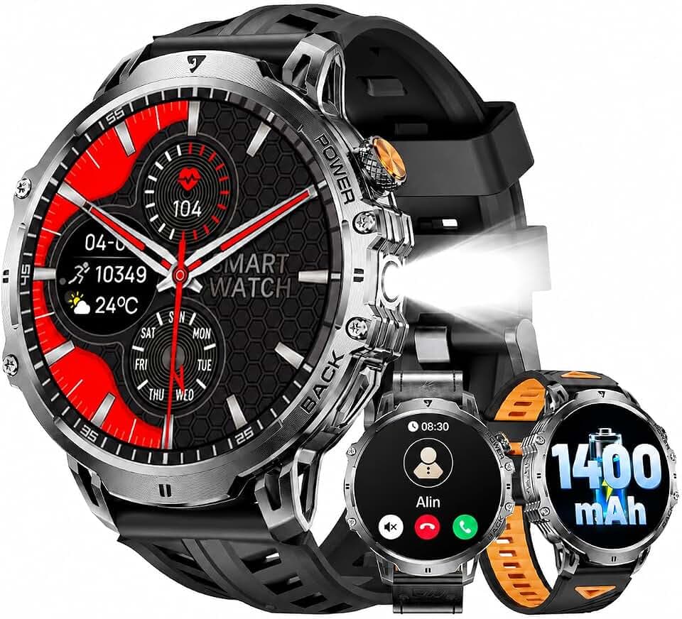 LIGE Militär Smartwatch Herren(3 Armbändern) - 1400 mAh/1,85" HD Großes Touchscreen/LED-Licht, Fitnessuhr mit 110+ Sportmodi, Herz-/Schlaftracking,Sportuhr für iOS/Android, Tiefschwarz